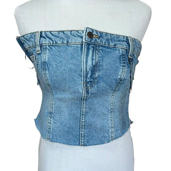 ZARA The Jean Top In Medium Blue Corset Womens Xs Strapless Bustier Denim NWT - Picture 2 of 11